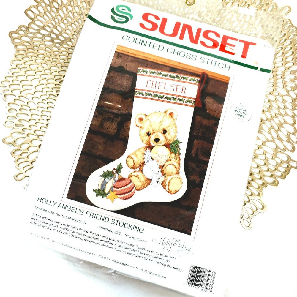 SUNSET  90's Cross Stitch Kit Holly’s Angel’s friend Teddy Bear Stocking NIP NOS